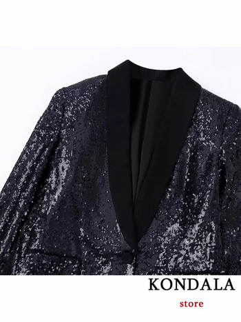KONDALA Винтидж парти дамски костюм с пайети, мода 2023, черен еднореден блейзър с V-образно деколте + прав панталон с висока талия, елегантен комплект