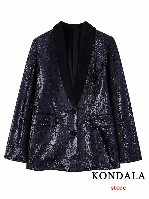 KONDALA Vintage žensko odijelo sa šljokicama, modni 2023, crni sako s V izrezom, jednoredno kopčanje + elegantni komplet ravnih hlača visokog struka