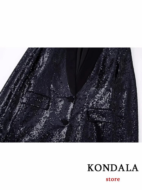 KONDALA Vintage žensko odijelo sa šljokicama, modni 2023, crni sako s V izrezom, jednoredno kopčanje + elegantni komplet ravnih hlača visokog struka