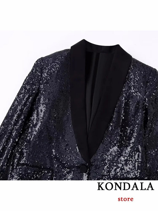 KONDALA Vintage žensko odijelo sa šljokicama, modni 2023, crni sako s V izrezom, jednoredno kopčanje + elegantni komplet ravnih hlača visokog struka