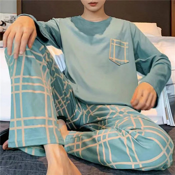 Мъжки комплект пижами с голям размер Твърди плетени памучни пижами с кръгло деколте за мъже 4xl Пижама Есен Зима Ежедневни мъжки спално облекло