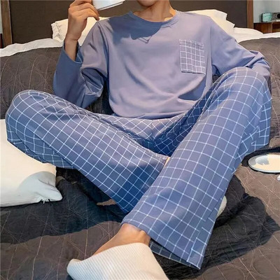 Muški komplet pidžama veće veličine Jednobojna pletena pamučna pidžama s okruglim izrezom za muškarce 4xl pidžama Jesen Zima Ležerna muška spavaća odjeća