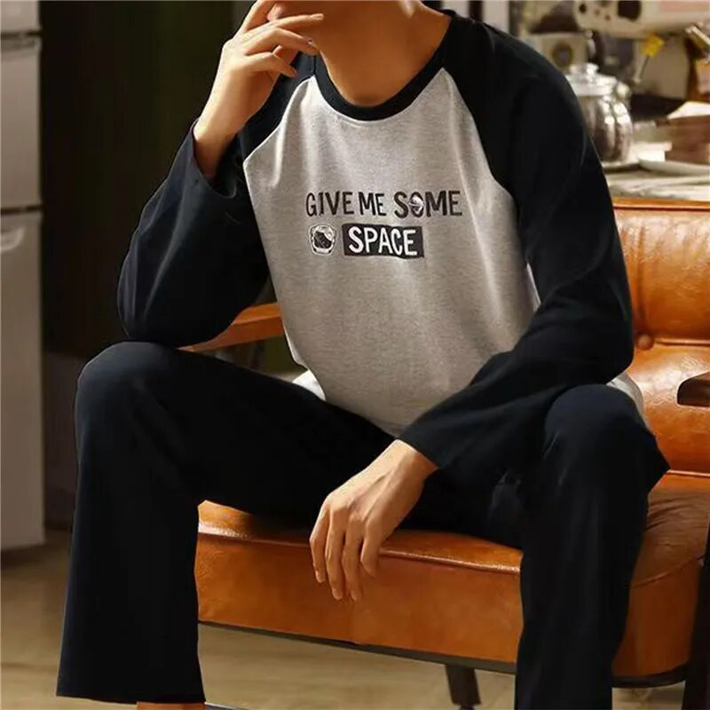 Muški komplet pidžama veće veličine Jednobojna pletena pamučna pidžama s okruglim izrezom za muškarce 4xl pidžama Jesen Zima Ležerna muška spavaća odjeća