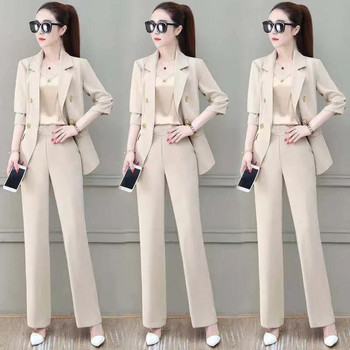 Корейско тънко сако без подплата и панталон с широки крачоли Пролетен офис дамски елегантен комплект от 2 части Дамски екипи Ensemble Femme