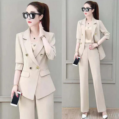 Korejski tanki sako bez podstave i odijelo s hlačama širokih nogavica Proljetni uredski ženski elegantni set od 2 komada Ženska odjeća Ensemble Femme