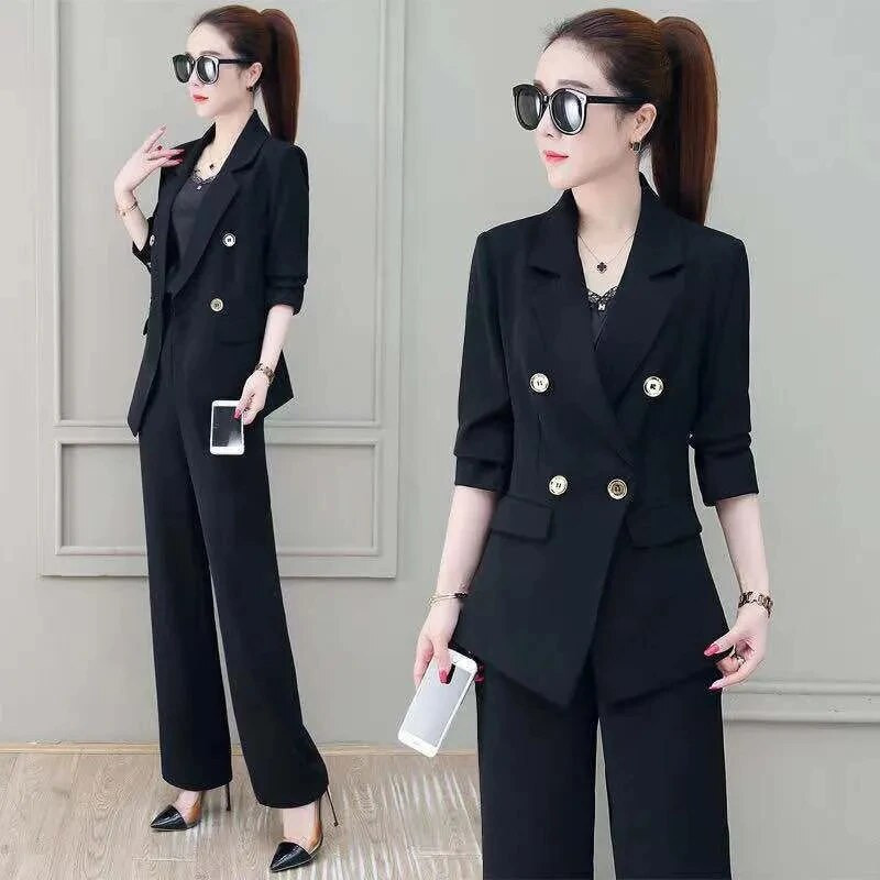 Korejski tanki sako bez podstave i odijelo s hlačama širokih nogavica Proljetni uredski ženski elegantni set od 2 komada Ženska odjeća Ensemble Femme