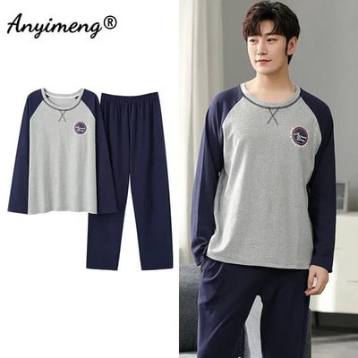 Elegantni muški komplet pidžama Jesen Zima Plus Veličina 2-dijelna spavaćica za dječake Pamuk O-izrez Muški kompleti odjeće Džentlmen spavaćica