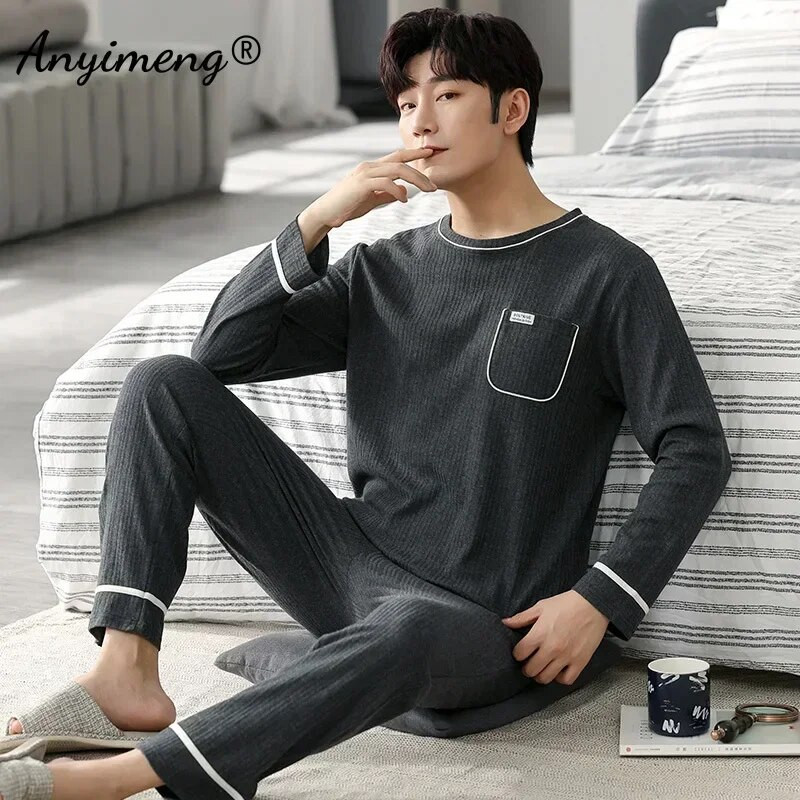 Elegantni muški komplet pidžama Jesen Zima Plus Veličina 2-dijelna spavaćica za dječake Pamuk O-izrez Muški kompleti odjeće Džentlmen spavaćica