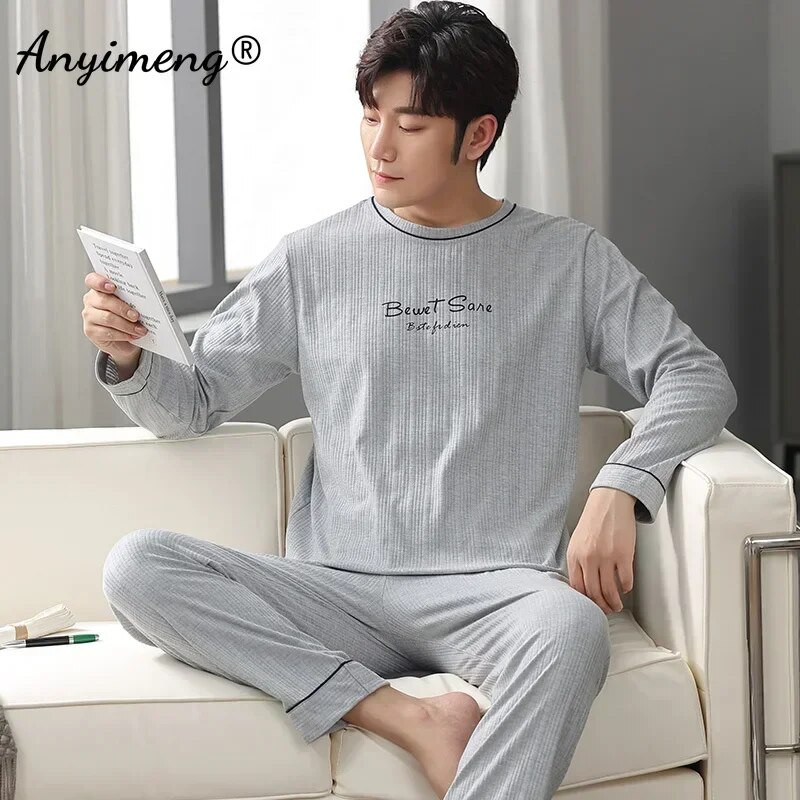 Elegantni muški komplet pidžama Jesen Zima Plus Veličina 2-dijelna spavaćica za dječake Pamuk O-izrez Muški kompleti odjeće Džentlmen spavaćica
