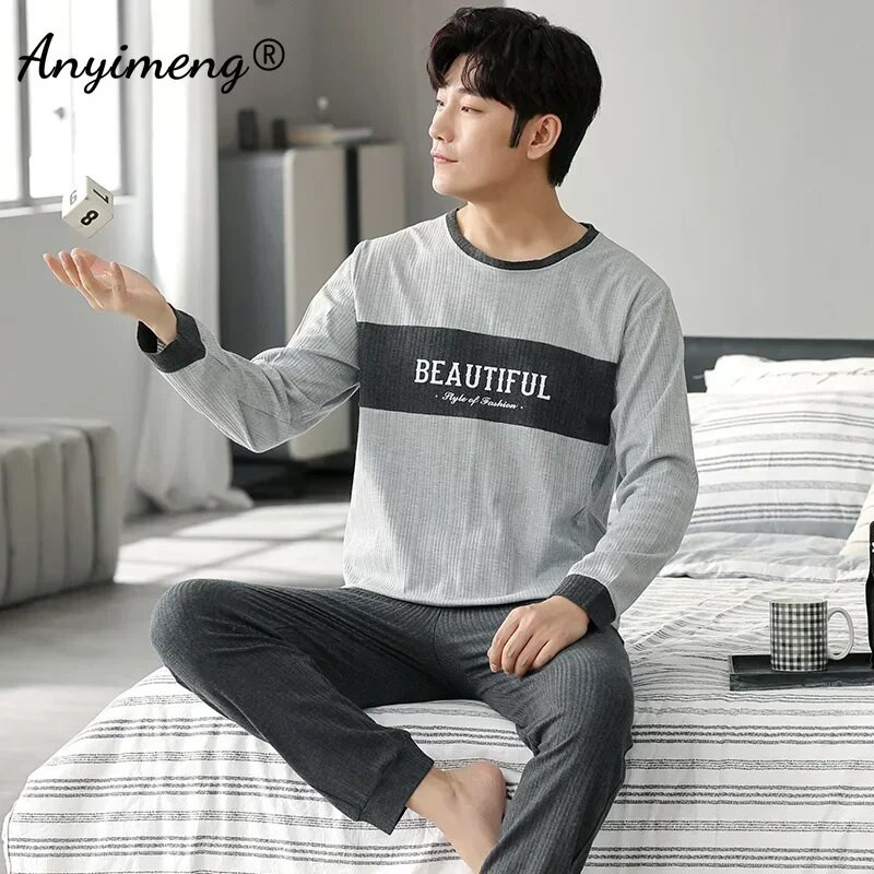 Elegantni muški komplet pidžama Jesen Zima Plus Veličina 2-dijelna spavaćica za dječake Pamuk O-izrez Muški kompleti odjeće Džentlmen spavaćica