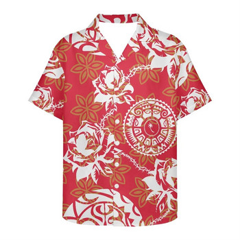 Мъжка лятна риза Облекло с къс ръкав Полинезийска племенна щампа с татуировки Хавайски цветя Ежедневна свободна дишаща дизайнерска риза