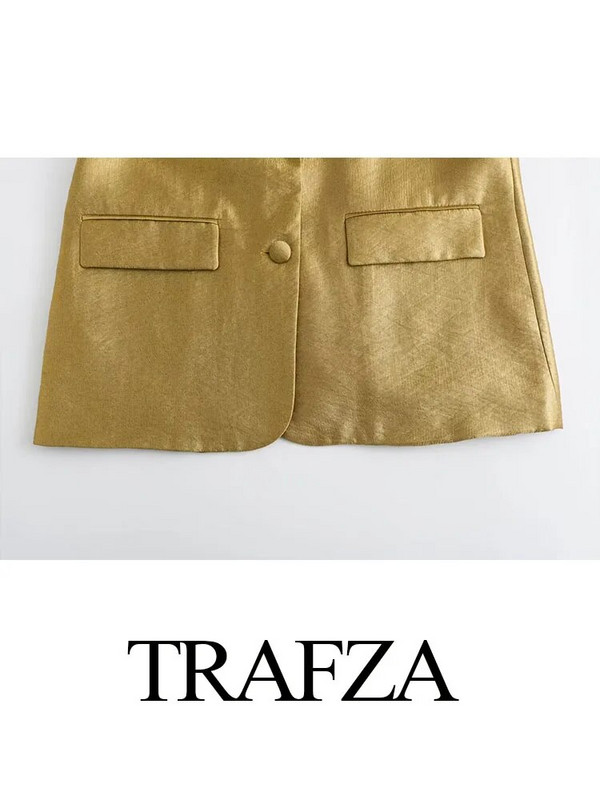 TRAFZA žensko elegantno odijelo s otvorenim ovratnikom, dugim rukavima, džepovima, sakoi s jednim kopčanjem + široki ženski komplet hlača s patentnim zatvaračem visokog struka