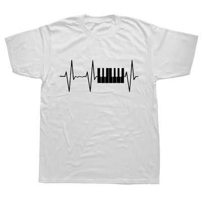 Piano Keyboard Vintage Heartbeat Jazz Pianists zenész póló Vicces unisex grafikai divat új pamut rövid ujjú pólók