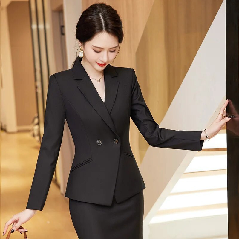 Hivatalos üzleti öltönyök Blézerek Női Női Egyenruha Stílusok Őszi Téli Professzionális Női Irodai Munkaruházati Öltözetek szett