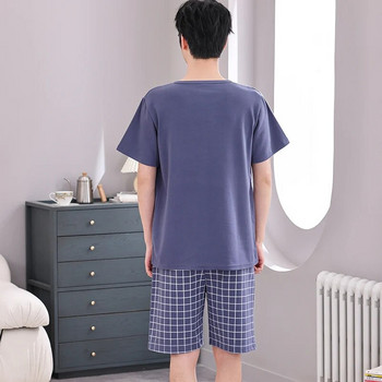 Голям размер 4XL комплект мъжки пижами Летни плетени памучни пижами с къс ръкав Мъжко карирано спално облекло