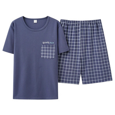 Голям размер 4XL комплект мъжки пижами Летни плетени памучни пижами с къс ръкав Мъжко карирано спално облекло