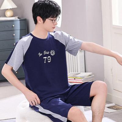 Didelio dydžio 4XL vyriškas pižamų rinkinys Vasarinis megztos medvilnės trumpomis rankovėmis pižamos Vyriški languoti miegui