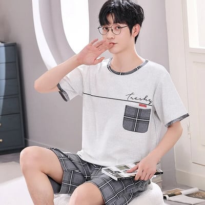 Didelio dydžio 4XL vyriškas pižamų rinkinys Vasarinis megztos medvilnės trumpomis rankovėmis pižamos Vyriški languoti miegui