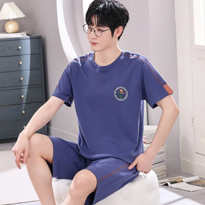 Didelio dydžio 4XL vyriškas pižamų rinkinys Vasarinis megztos medvilnės trumpomis rankovėmis pižamos Vyriški languoti miegui