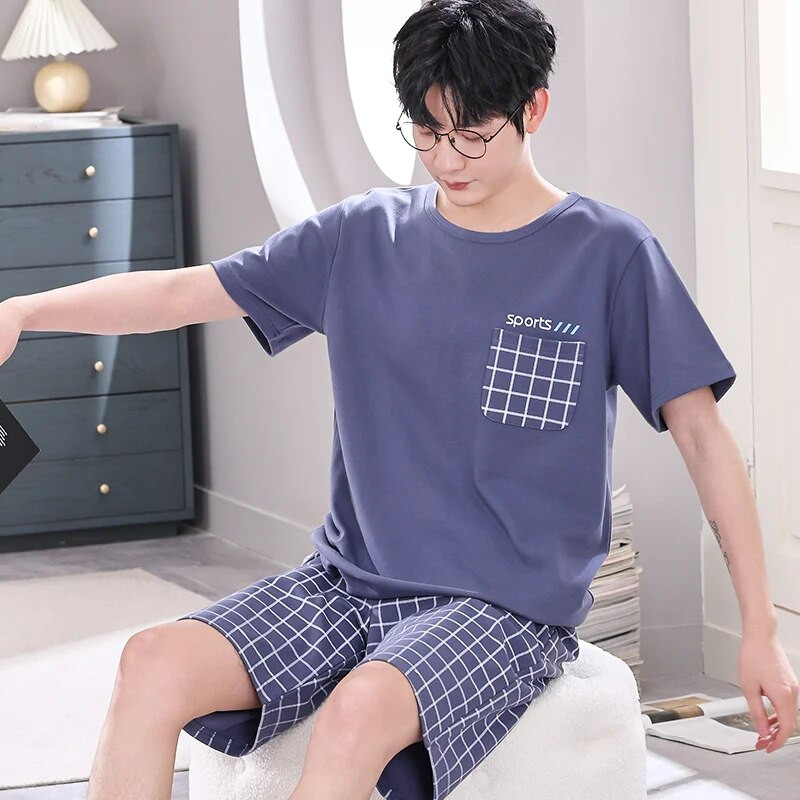 Didelio dydžio 4XL vyriškas pižamų rinkinys Vasarinis megztos medvilnės trumpomis rankovėmis pižamos Vyriški languoti miegui