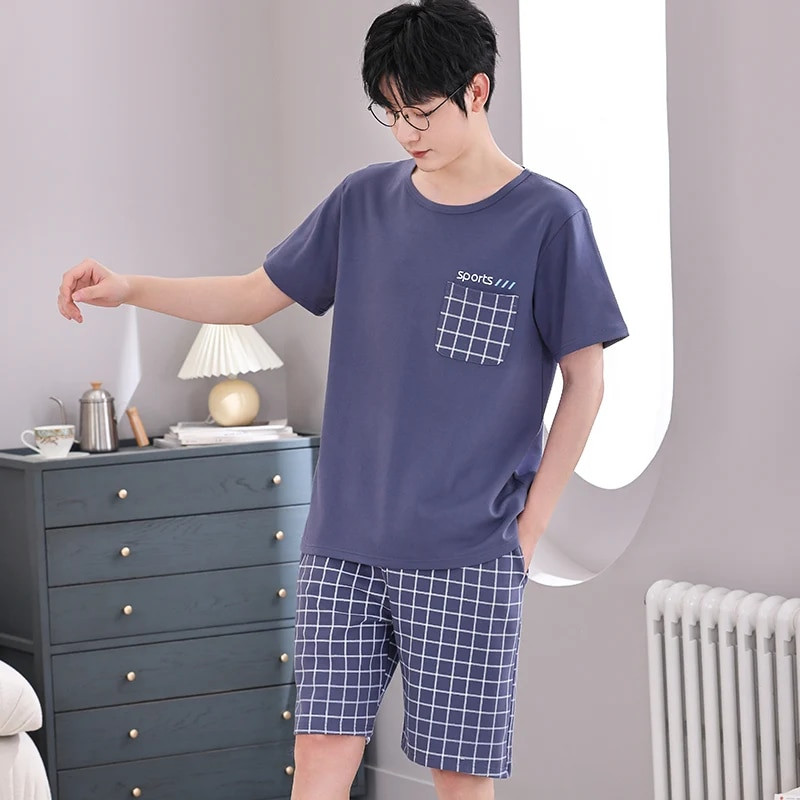 Didelio dydžio 4XL vyriškas pižamų rinkinys Vasarinis megztos medvilnės trumpomis rankovėmis pižamos Vyriški languoti miegui