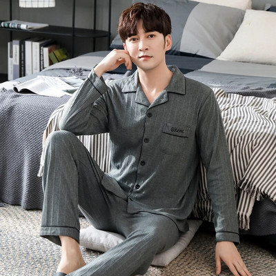 Vyriškas pižamos komplektas su pilna medvilnine pavasario ilgomis rankovėmis marginti Vyriški pižamos kostiumai rudeniniai naktiniai apykaklė Pižama vyriški miegamieji, dviejų dalių 4XL