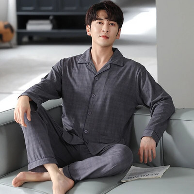 Vyriškas pižamos komplektas su pilna medvilnine pavasario ilgomis rankovėmis marginti Vyriški pižamos kostiumai rudeniniai naktiniai apykaklė Pižama vyriški miegamieji, dviejų dalių 4XL