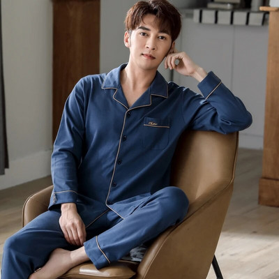 Vyriškas pižamos komplektas su pilna medvilnine pavasario ilgomis rankovėmis marginti Vyriški pižamos kostiumai rudeniniai naktiniai apykaklė Pižama vyriški miegamieji, dviejų dalių 4XL