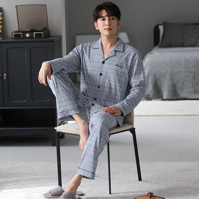 Vyriškas pižamos komplektas su pilna medvilnine pavasario ilgomis rankovėmis marginti Vyriški pižamos kostiumai rudeniniai naktiniai apykaklė Pižama vyriški miegamieji, dviejų dalių 4XL