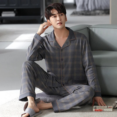 Vyriškas pižamos komplektas su pilna medvilnine pavasario ilgomis rankovėmis marginti Vyriški pižamos kostiumai rudeniniai naktiniai apykaklė Pižama vyriški miegamieji, dviejų dalių 4XL