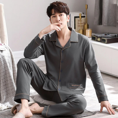 Vyriškas pižamos komplektas su pilna medvilnine pavasario ilgomis rankovėmis marginti Vyriški pižamos kostiumai rudeniniai naktiniai apykaklė Pižama vyriški miegamieji, dviejų dalių 4XL