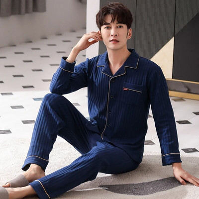 Vyriškas pižamos komplektas su pilna medvilnine pavasario ilgomis rankovėmis marginti Vyriški pižamos kostiumai rudeniniai naktiniai apykaklė Pižama vyriški miegamieji, dviejų dalių 4XL