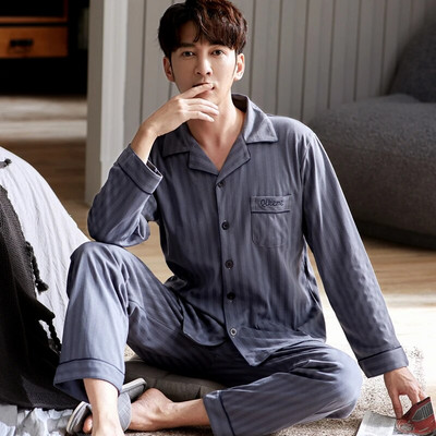 Vyriškas pižamos komplektas su pilna medvilnine pavasario ilgomis rankovėmis marginti Vyriški pižamos kostiumai rudeniniai naktiniai apykaklė Pižama vyriški miegamieji, dviejų dalių 4XL