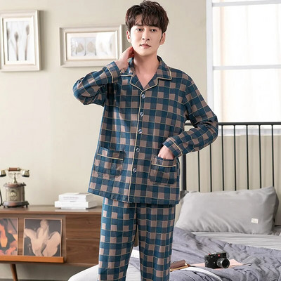 Vyriškas pižamos komplektas su pilna medvilnine pavasario ilgomis rankovėmis marginti Vyriški pižamos kostiumai rudeniniai naktiniai apykaklė Pižama vyriški miegamieji, dviejų dalių 4XL