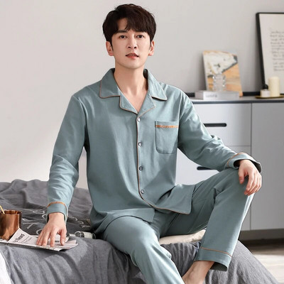 Vyriškas pižamos komplektas su pilna medvilnine pavasario ilgomis rankovėmis marginti Vyriški pižamos kostiumai rudeniniai naktiniai apykaklė Pižama vyriški miegamieji, dviejų dalių 4XL