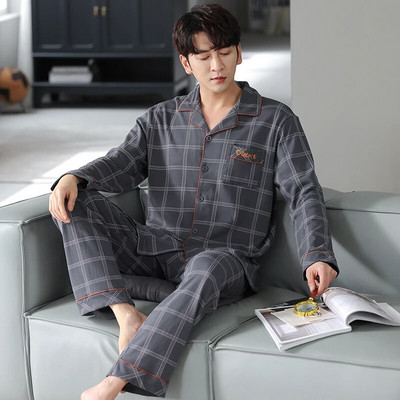 Vyriškas pižamos komplektas su pilna medvilnine pavasario ilgomis rankovėmis marginti Vyriški pižamos kostiumai rudeniniai naktiniai apykaklė Pižama vyriški miegamieji, dviejų dalių 4XL