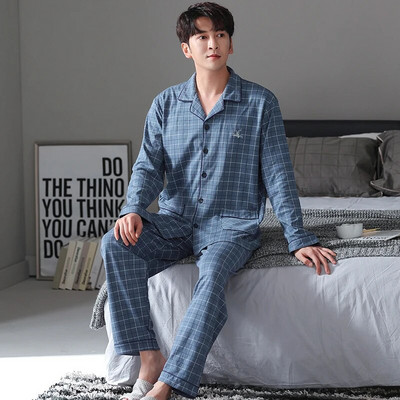 Vyriškas pižamos komplektas su pilna medvilnine pavasario ilgomis rankovėmis marginti Vyriški pižamos kostiumai rudeniniai naktiniai apykaklė Pižama vyriški miegamieji, dviejų dalių 4XL