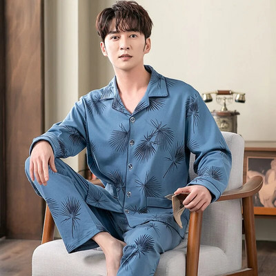 Vyriškas pižamos komplektas su pilna medvilnine pavasario ilgomis rankovėmis marginti Vyriški pižamos kostiumai rudeniniai naktiniai apykaklė Pižama vyriški miegamieji, dviejų dalių 4XL