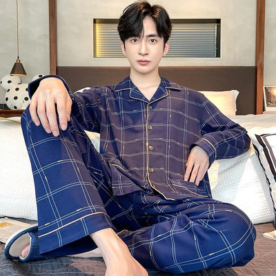 Vyriškas pižamos komplektas su pilna medvilnine pavasario ilgomis rankovėmis marginti Vyriški pižamos kostiumai rudeniniai naktiniai apykaklė Pižama vyriški miegamieji, dviejų dalių 4XL