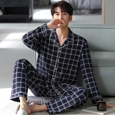 Vyriškas pižamos komplektas su pilna medvilnine pavasario ilgomis rankovėmis marginti Vyriški pižamos kostiumai rudeniniai naktiniai apykaklė Pižama vyriški miegamieji, dviejų dalių 4XL