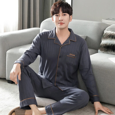 Vyriškas pižamos komplektas su pilna medvilnine pavasario ilgomis rankovėmis marginti Vyriški pižamos kostiumai rudeniniai naktiniai apykaklė Pižama vyriški miegamieji, dviejų dalių 4XL