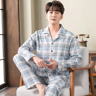 Vyriškas pižamos komplektas su pilna medvilnine pavasario ilgomis rankovėmis marginti Vyriški pižamos kostiumai rudeniniai naktiniai apykaklė Pižama vyriški miegamieji, dviejų dalių 4XL