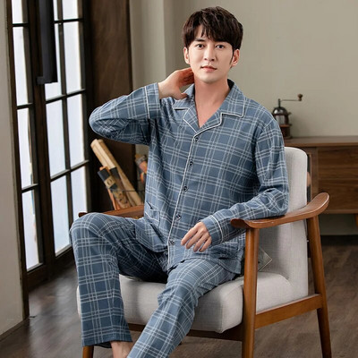 Vyriškas pižamos komplektas su pilna medvilnine pavasario ilgomis rankovėmis marginti Vyriški pižamos kostiumai rudeniniai naktiniai apykaklė Pižama vyriški miegamieji, dviejų dalių 4XL