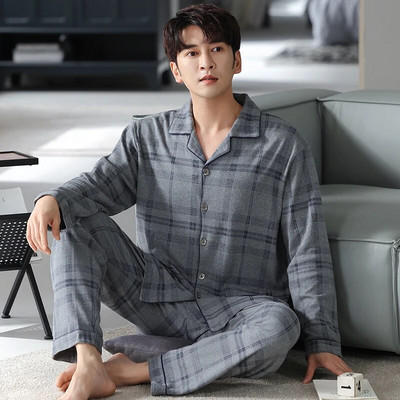 Vyriškas pižamos komplektas su pilna medvilnine pavasario ilgomis rankovėmis marginti Vyriški pižamos kostiumai rudeniniai naktiniai apykaklė Pižama vyriški miegamieji, dviejų dalių 4XL