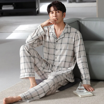 Vyriškas pižamos komplektas su pilna medvilnine pavasario ilgomis rankovėmis marginti Vyriški pižamos kostiumai rudeniniai naktiniai apykaklė Pižama vyriški miegamieji, dviejų dalių 4XL