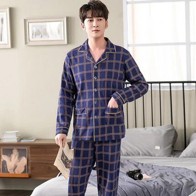 Vyriškas pižamos komplektas su pilna medvilnine pavasario ilgomis rankovėmis marginti Vyriški pižamos kostiumai rudeniniai naktiniai apykaklė Pižama vyriški miegamieji, dviejų dalių 4XL
