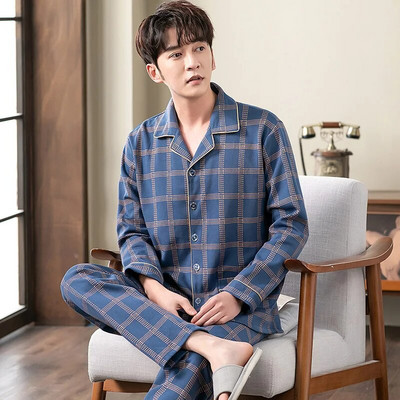 Vyriškas pižamos komplektas su pilna medvilnine pavasario ilgomis rankovėmis marginti Vyriški pižamos kostiumai rudeniniai naktiniai apykaklė Pižama vyriški miegamieji, dviejų dalių 4XL