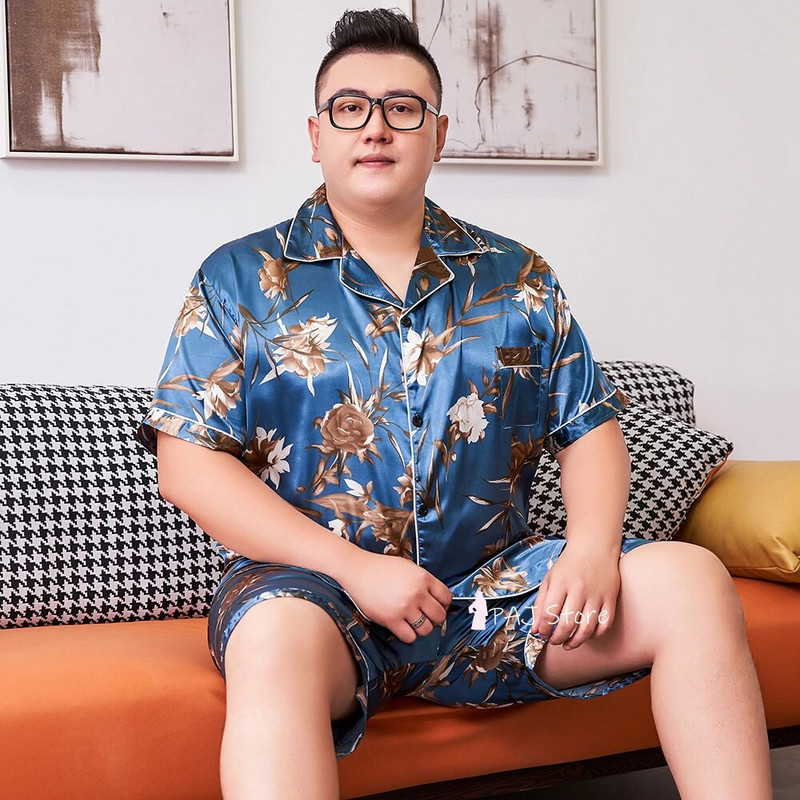 Negabaritinis 3XL 5XL 7XL Šilkinis Vyriškas Didelio Dydžio Pižamos Trumpomis Rankovėmis Namų dėvėjimo Pižamos Rinkinys Satininis mieguistas Pižamos Pižamos Kelnės