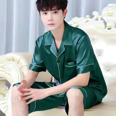 Καλοκαιρινές μονόχρωμες ανδρικές πιτζάμες Πυτζάμες μεταξωτό σατέν Πυτζάμες μεγάλου μεγέθους με κοντό μανίκι με κουμπί με κουμπιά για το σπίτι Σετ Pijama Lounge Pjs