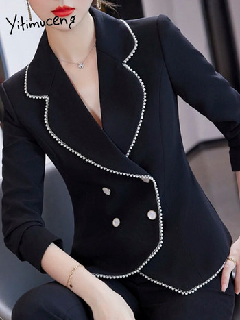 Yitimuceng Κοστούμια για γυναίκες Κορεατικής μόδας Κοστούμι με διπλό στήθος γιακά Κομψά blazers Κοστούμια παντελόνι με καμπάνα